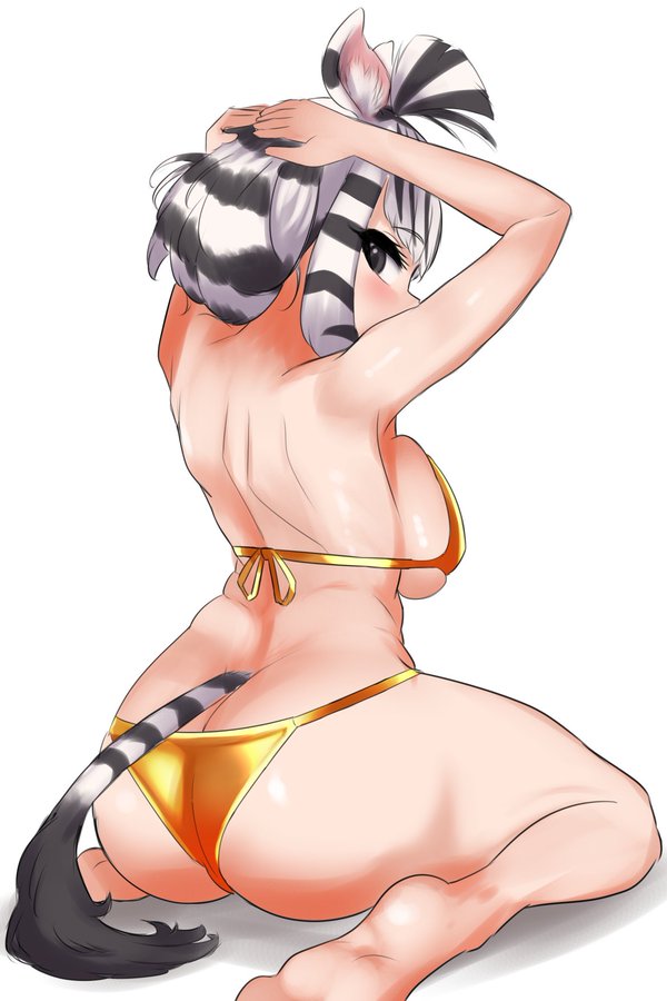 1girl, animal_ears, animal_print, ass, bikini, black_hair, blush, breasts