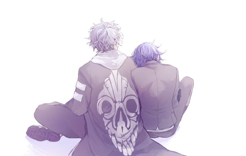 2boys, 8ato3abure, aoyama_kazuki, black_coat, black_gloves, black_jacket, black_pants, blue_hair