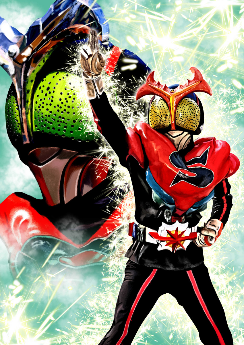 1boy, 4ze_meteor, absurdres, arm_up, armor, beetle, beetle_horn, black_bodysuit