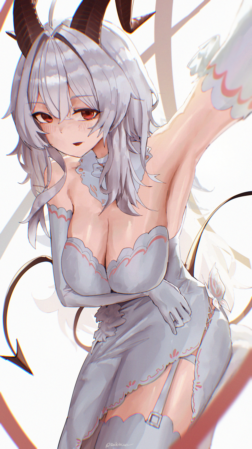 1girl, absurdres, alternate_costume, arm_under_breasts, bare_shoulders, black_horns, black_tail, breasts