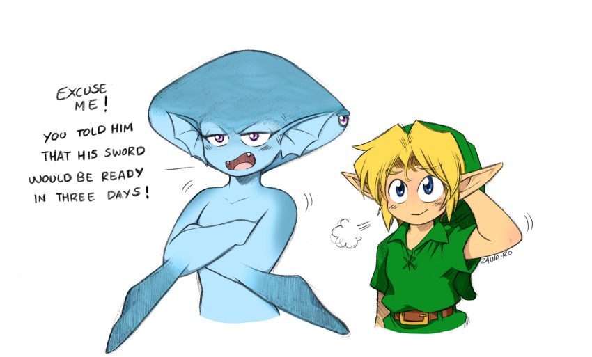 1boy, 1girl, artist_name, belt, belt_buckle, blonde_hair, brown_belt, buckle, child, closed_mouth, commentary, cropped_torso, crossed_arms, english_commentary, english_text, fangs, fins, fish_girl, green_hat, green_tunic, hat, head_fins, highres, link, nintendo, open_mouth, pointy_ears, princess_ruto, puff_of_air, purple_hair, scratching_head, short_sleeves, simple_background, smile, superiordutchsauce, the_legend_of_zelda, the_legend_of_zelda:_ocarina_of_time, tunic, white_background, young_link, zora