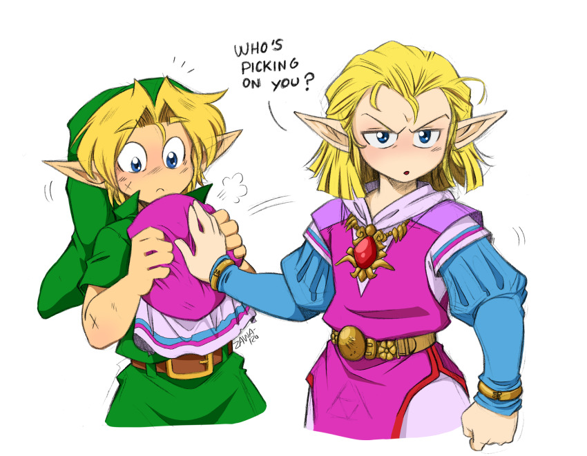 1boy, 1girl, artist_name, belt, belt_buckle, blonde_hair, blue_sleeves, brooch, brown_belt, buckle, child, clenched_hand, closed_mouth, commentary, cropped_torso, dress, english_commentary, english_text, green_hat, green_tunic, hat, highres, holding, holding_unworn_clothes, holding_unworn_hat, jewelry, juliet_sleeves, link, long_sleeves, nintendo, missing_headwear, parted_lips, pink_dress, pointy_ears, princess_zelda, puffy_sleeves, short_hair, short_sleeves, simple_background, superiordutchsauce, the_legend_of_zelda, the_legend_of_zelda:_ocarina_of_time, tunic, unworn_hat, unworn_headwear, v-shaped_eyebrows, white_background, wimple, young_link, young_zelda