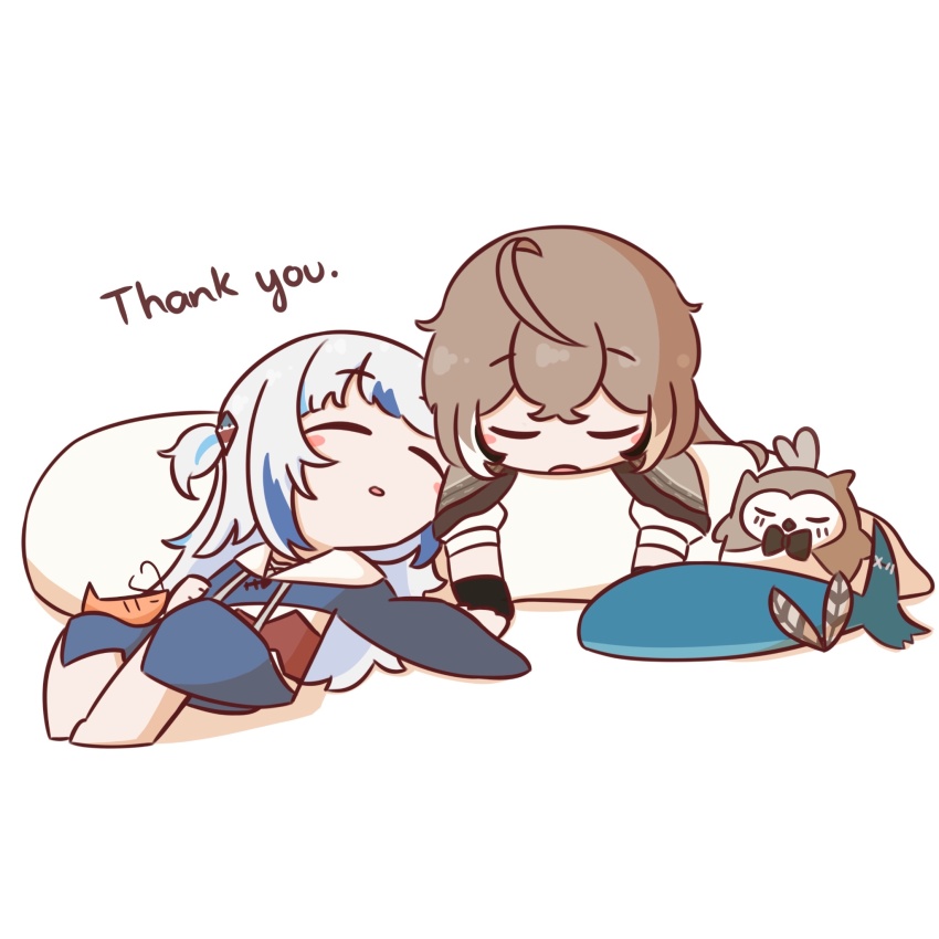 2girls, ahoge, bird, blue_hair, blush_stickers, brown_hair, cape, closed_mouth