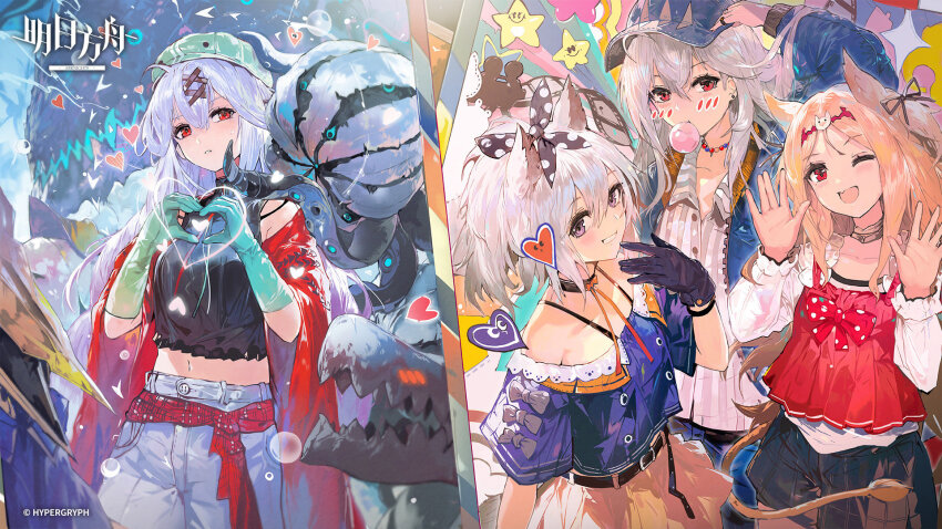 4girls, adapted_costume, alchemaniac, alternate_costume, archetto_(arknights), arknights, baseball_cap, black_gloves, black_shirt, black_shorts, blonde_hair, blue_gloves, blue_hat, blue_shirt, chewing_gum, collared_shirt, copyright_name, crop_top, deep_sea_slider_(arknights), denim, detached_sleeves, dress, dual_persona, gloves, grani_(arknights), grey_eyes, grey_hair, hair_between_eyes, hands_up, hat, heart, heart_hands, highres, jeans, long_hair, looking_at_viewer, medium_hair, multiple_girls, nethersea_predator_(arknights), off-shoulder_shirt, off_shoulder, official_art, one_eye_closed, orange_dress, pants, pink_shirt, ponytail, red_eyes, red_shirt, red_sleeves, seaborn_(arknights), shell_sea_runner_(arknights), shirt, shorts, skadi's_seaborn_(arknights), skadi_(arknights), skadi_the_corrupting_heart_(arknights), sleeveless, sleeveless_shirt, very_long_hair, white_hair, wide_sleeves