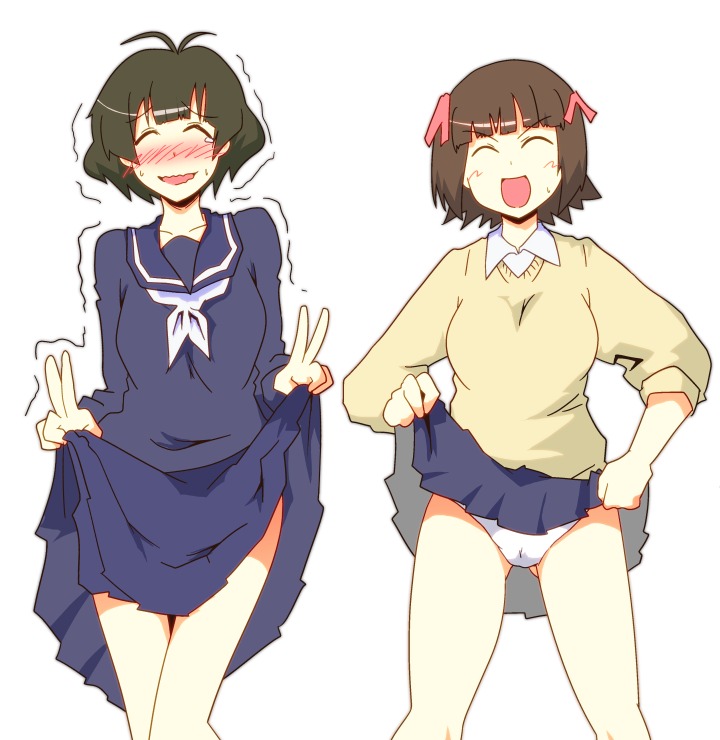 00s, 1boy, 1girl, akizuki_ryo, amami_haruka, antenna_hair, blush, brown_eyes