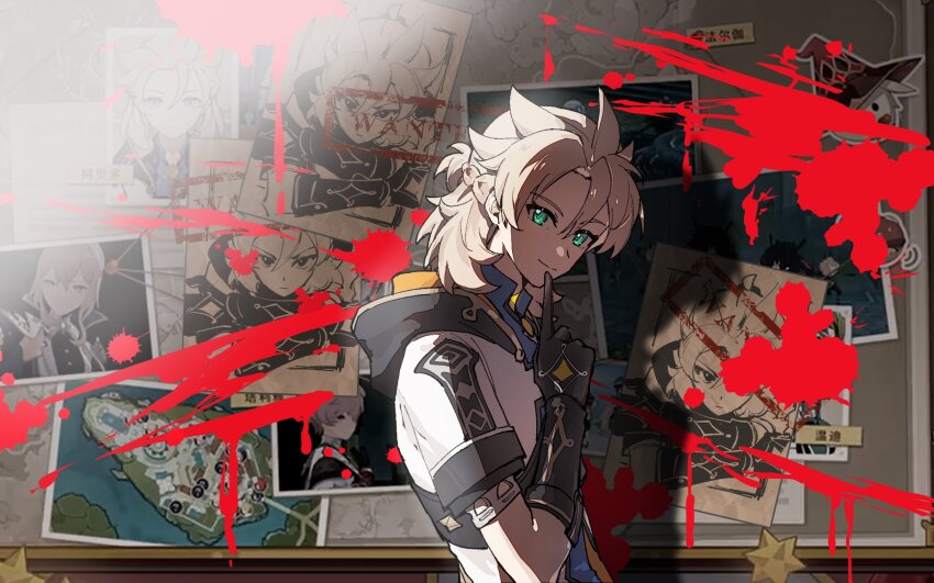 1boy, albedo_(genshin_impact), black_gloves, blonde_hair, blue_eyes, blue_shirt, braid, coat