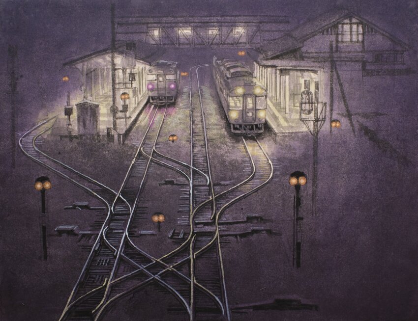 absurdres, building, dark, headlight_beam, highres, hokkaido_railway_company, multiple_unit_train, night