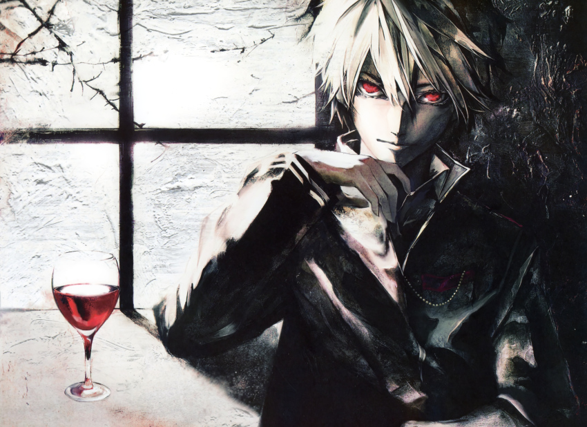 1boy, absurdres, alcohol, banpai_akira, blonde_hair, faux_traditional_media, fortune_arterial, glass