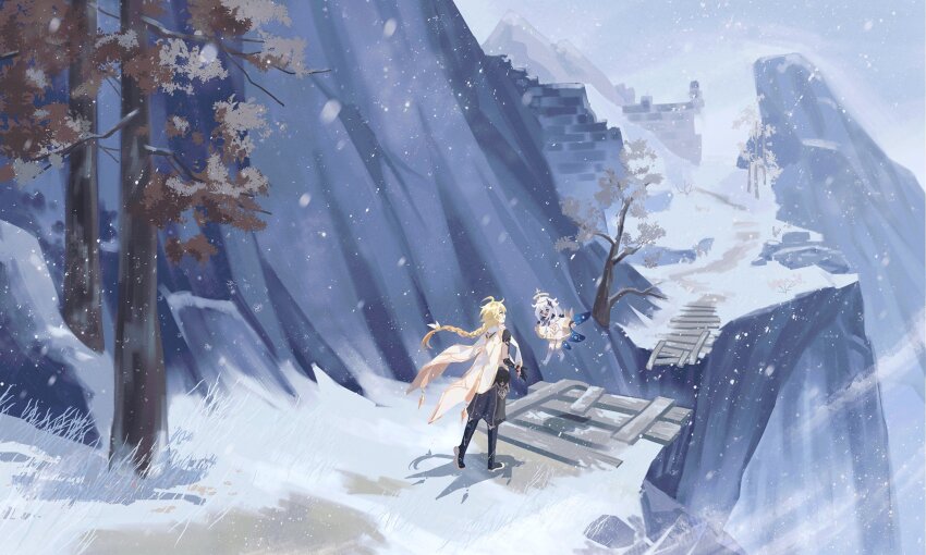 1boy, 1girl, aether_(genshin_impact), black_boots, blonde_hair, boots, braid, brown_pants