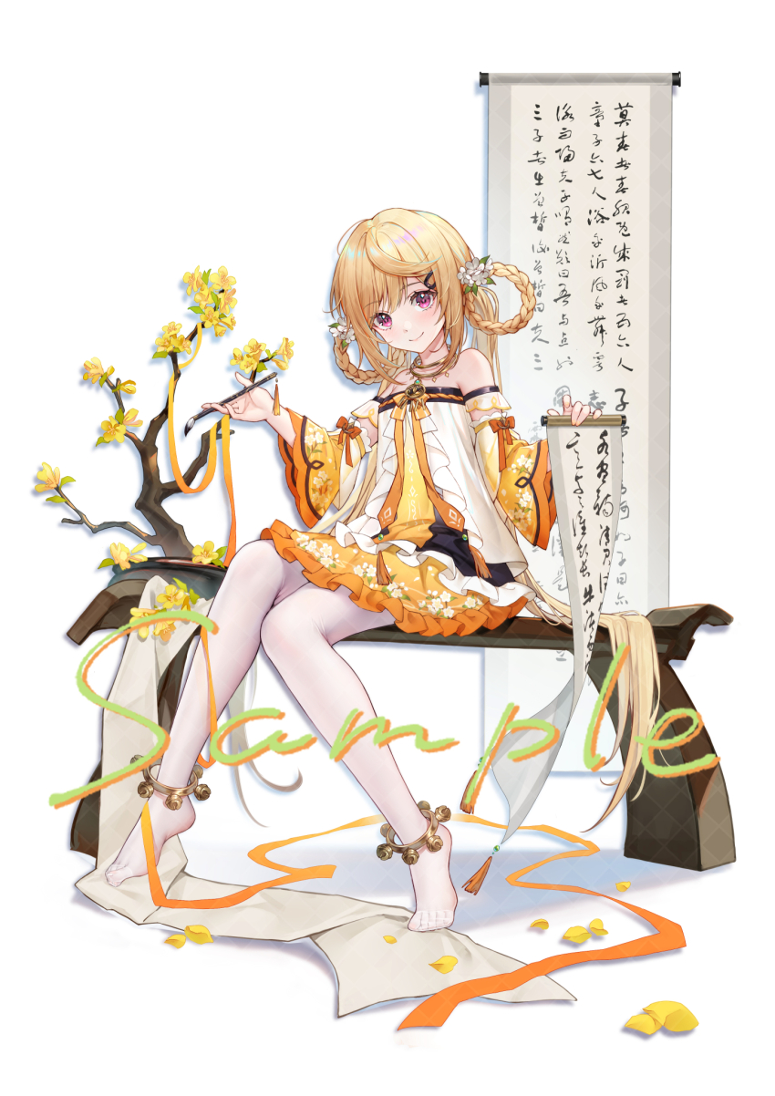 1girl, anklet, bare_shoulders, bell, blonde_hair, blush, braid, braided_hair_rings