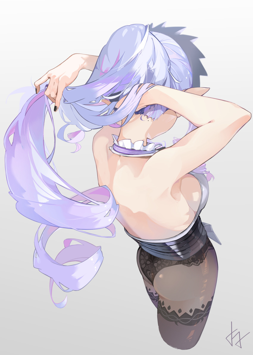 1girl, absurdres, arms_behind_head, ascot, ass, back, backless_outfit, bare_back, black_corset, black_nails, black_pantyhose, bow, breasts, corset, drill_hair, frilled_hairband, frills, from_behind, hairband, hands_in_own_hair, highres, large_breasts, long_hair, merah_drow, mole, multicolored_hair, nape, panties, panties_under_pantyhose, pantyhose, pointy_ears, purple_bow, purple_hair, sideboob, sideboob_cutout, simple_background, solo, standing, tying_hair, underwear, very_long_hair, vivian_banshee, white_background, white_hair, zenless_zone_zero