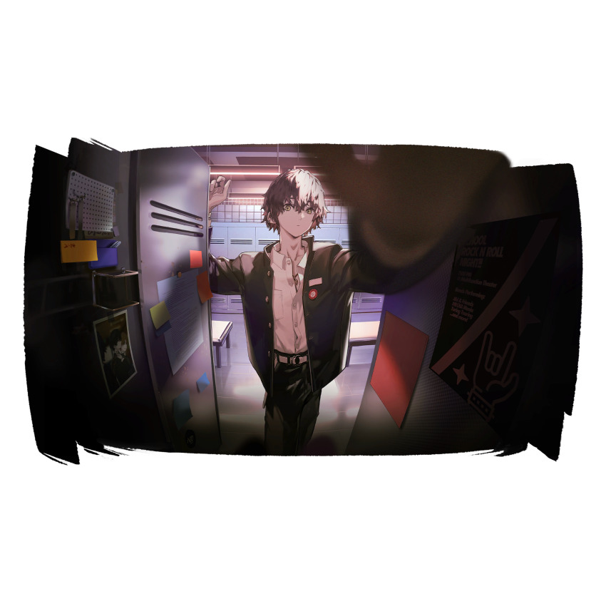 1boy, artist_request, belt, bench, black_hair, black_jacket, black_pants, blurry