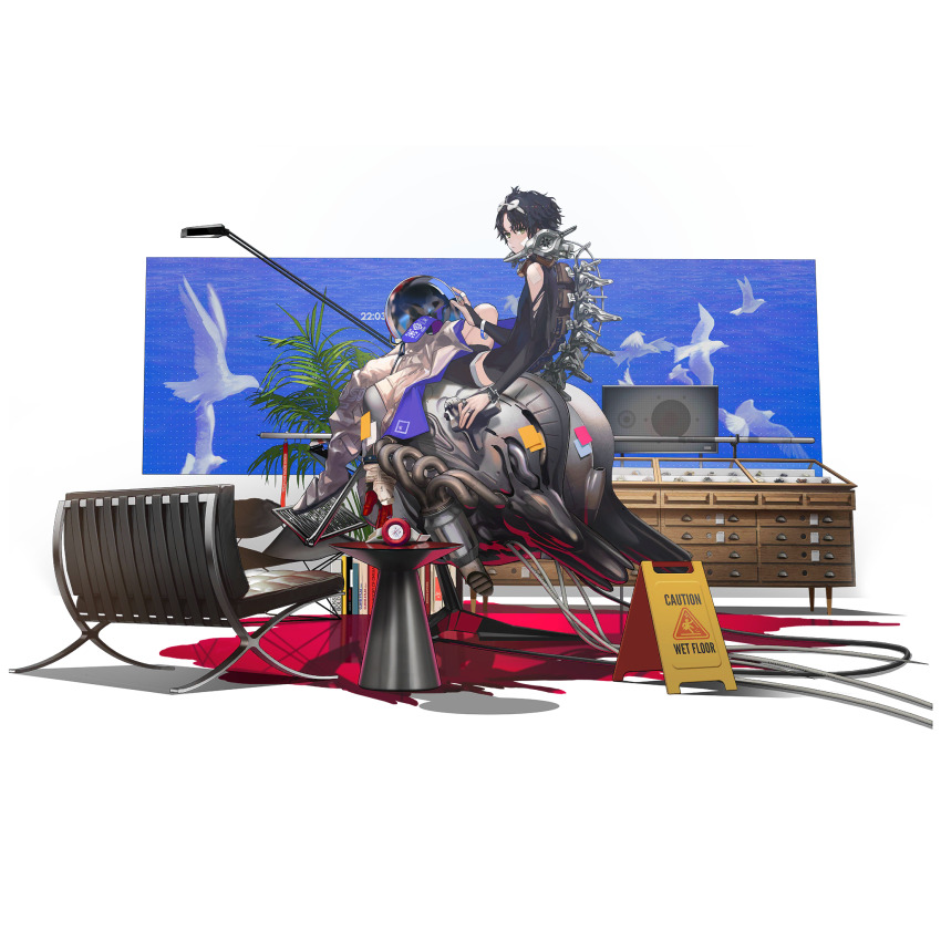 1boy, black_hair, bodysuit, cabinet, caution, diving_suit, dog_tags, faux_figurine