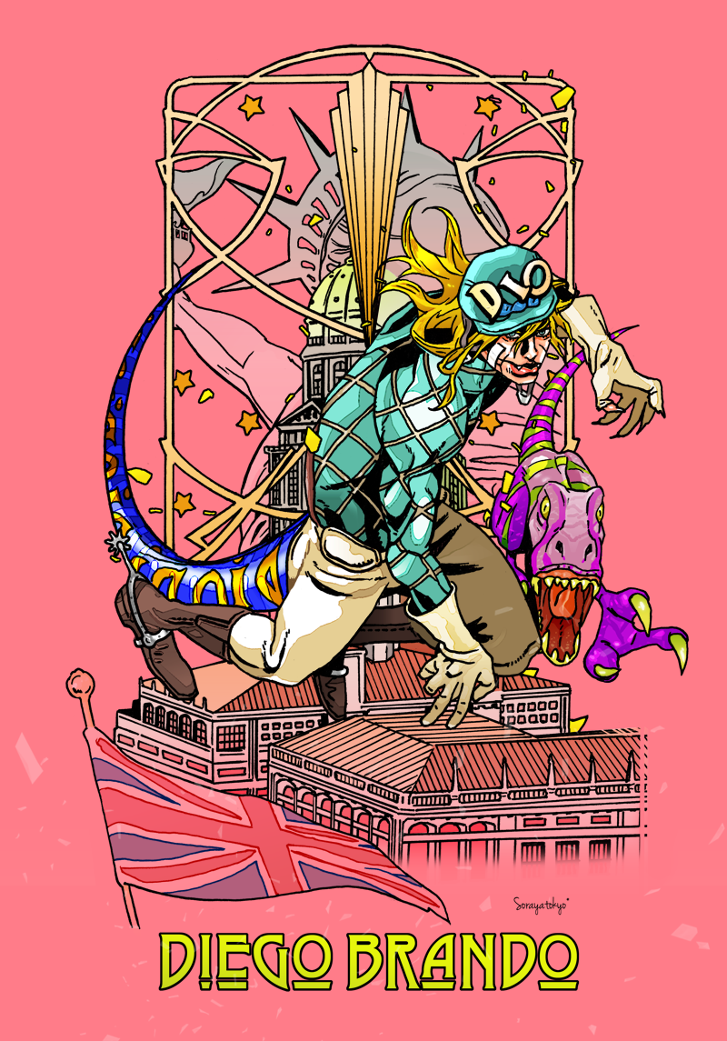 1boy, aqua_helmet, aqua_sweater, argyle_clothes, argyle_sweater, blonde_hair, boots, brown_boots, building, character_name, cowboy_boots, cracked_skin, diego_brando, dinosaur, dinosaur_tail, english_text, full_body, gloves, helmet, jojo_no_kimyou_na_bouken, long_sleeves, male_focus, pants, patch, pink_background, scary_monsters_(stand), sharp_teeth, solo, spurs, stained_glass, stand_(jojo), star_(symbol), statue_of_liberty, steel_ball_run, sweater, tail, tanaka_kaori, teeth, tongue, turtleneck, turtleneck_sweater, union_jack, yellow_eyes, yellow_gloves, yellow_pants