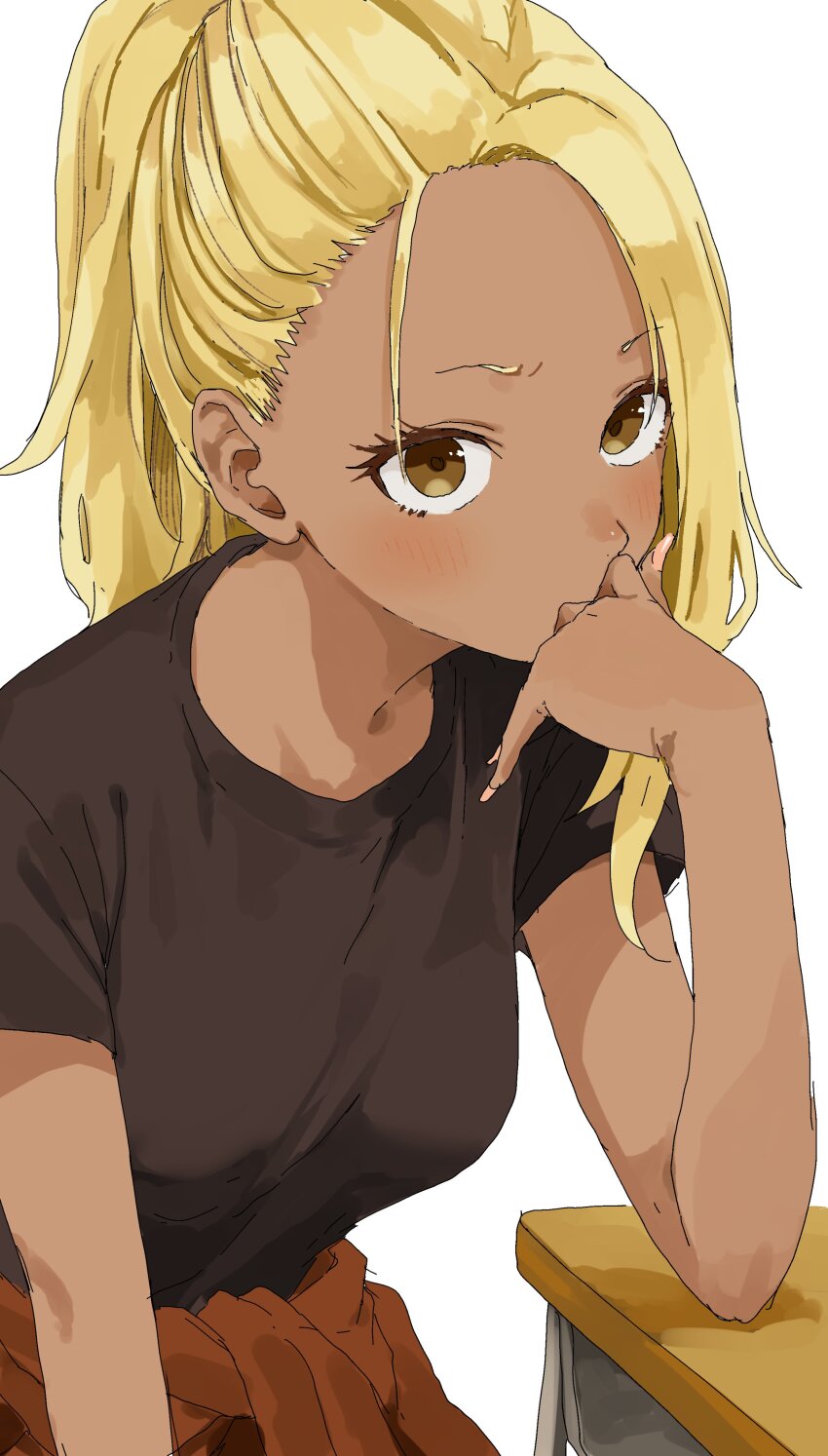 1girl, absurdres, black_shirt, blonde_hair, breasts, brown_eyes, character_request, dark-skinned_female