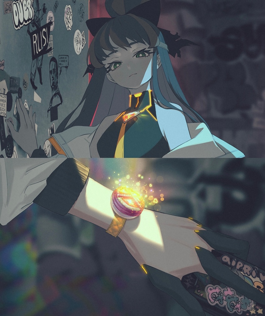 1girl, bare_shoulders, bow, bracelet, dark, expressionless, film_grain, green_eyes