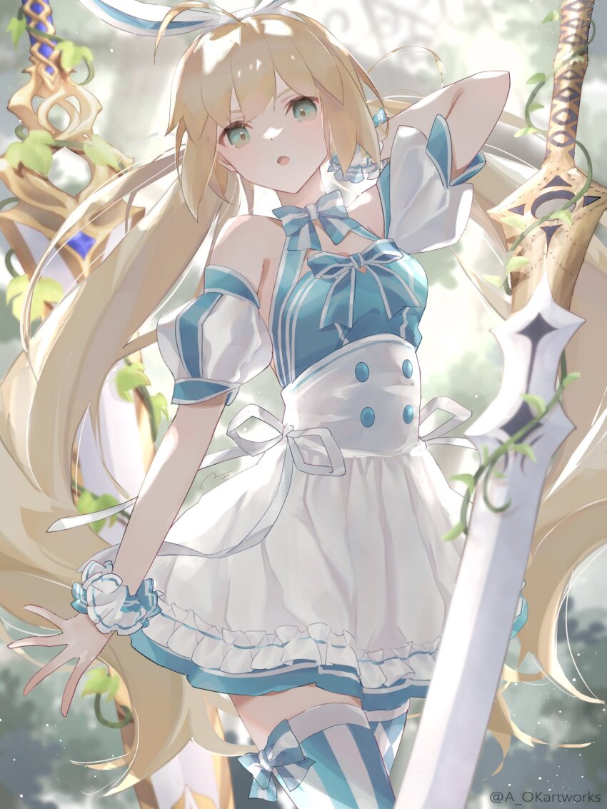 1girl, ahoge, animal_ear_hairband, animal_ears, aopix_001, argyle_clothes, argyle_thighhighs, artoria_caster_(fate), artoria_caster_(swimsuit_berserker)_(second_ascension)_(fate), artoria_pendragon_(fate), bare_shoulders, blonde_hair, blue_dress, bow, bow_legwear, breasts, checkered_thighhighs, dress, dress_bow, fake_animal_ears, fate/grand_order, fate_(series), green_eyes, hairband, highres, long_hair, looking_at_viewer, multicolored_thighhighs, puffy_short_sleeves, puffy_sleeves, rabbit_ears, short_sleeves, solo, striped_clothes, striped_thighhighs, thighhighs, twintails, two-tone_thighhighs, vertical-striped_clothes, vertical-striped_thighhighs