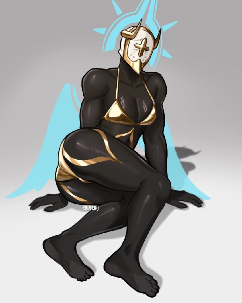 1boy, artist_name, bare_arms, bare_legs, bare_shoulders, barefoot, bikini, black_skin, body_markings, colored_skin, crossdressing, crossdressing_(mtf), english_text, fake_horns, feet, full_body, gabriel_(ultrakill), gold_bikini, golden_week, halo, helmet, highres, horned_helmet, horns, riinchu, shadow, simple_background, solo, swimsuit, trap, ultrakill, white_helmet, wings