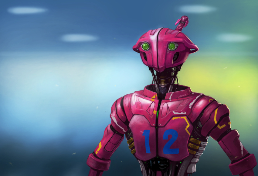 blurry, blurry_background, character_name, chargeman_ken!, green_eyes, humanoid_robot, looking_at_viewer, no._12_(chargeman_ken!)