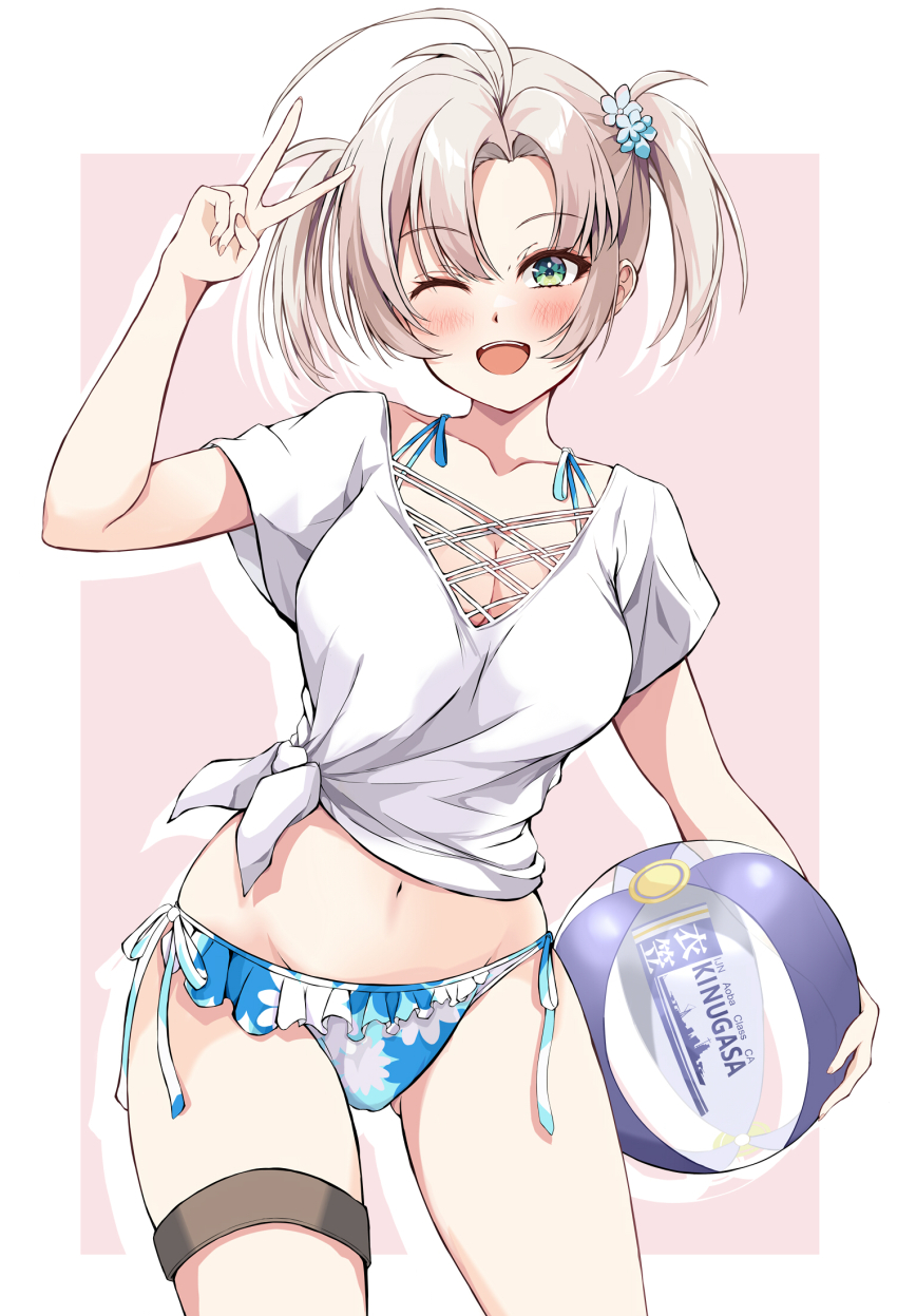 1girl, antenna_hair, ball, beachball, bikini, blue_bikini, breasts, cowboy_shot