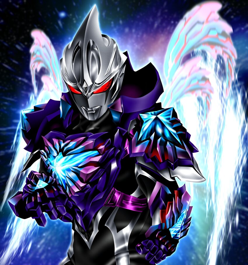 1boy, alien, armor, black_skin, blue_armor, blurry, blurry_background, clenched_hand, colored_skin, commentary, cowboy_shot, crystal, dark_persona, dorsal_fin, energy, facial_mark, fighting_stance, forehead_jewel, galaxy, galaxy_armor, galaxy_background, glowing, glowing_armor, glowing_eyes, guil_arc, hanejidyna86, highres, looking_down, male_focus, multicolored_armor, multicolored_skin, muscular, muscular_male, no_pupils, purple_armor, red_armor, red_eyes, shoulder_pads, silver_skin, solo, spoilers, tokusatsu, twitter_username, two-tone_skin, ultra_series, ultraman_arc_(series), wrinkled_skin