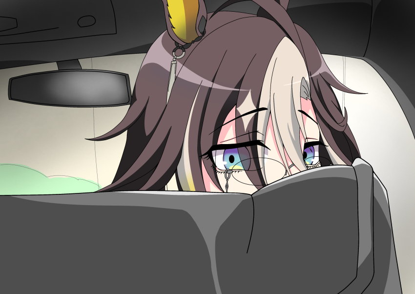 1girl, 510n, absurdres, ahoge, animal_ears, blue_eyes, brown_hair, commission, derivative_work, dream_journey_(umamusume), eyewear_strap, from_behind, glasses, highres, horse_ears, horse_girl, long_hair, looking_back, manatsu_no_yo_no_inmu, parody, screenshot_redraw, solo, tanioka_(inmu), umamusume, vehicle_interior, white_hair