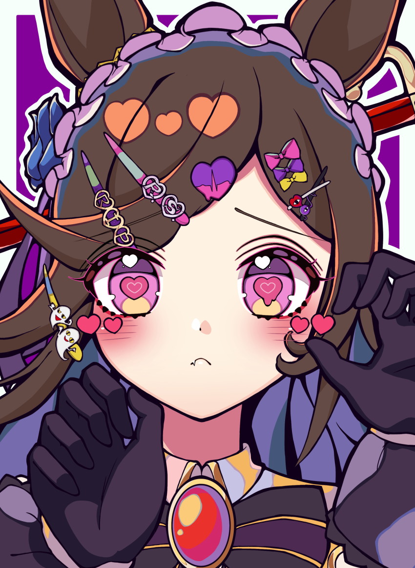 1girl, 510n, absurdres, animal_ears, bobby_pin, brown_hair, claw_pose, commentary_request, fang, hair_ornament, hairband, hairpin, heart, heart-shaped_pupils, highres, horse_ears, horse_girl, long_hair, looking_at_viewer, official_alternate_costume, purple_eyes, rice_shower_(vampire_makeover!)_(umamusume), rice_shower_(umamusume), skin_fang, solo, swept_bangs, symbol-shaped_pupils, umamusume, upper_body