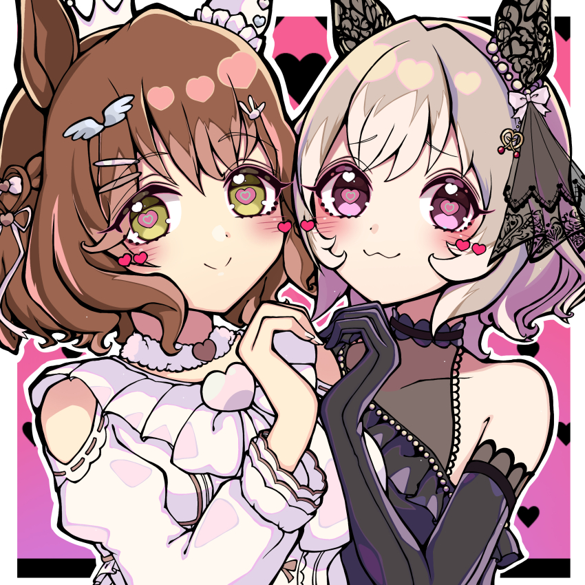 2girls, 510n, :3, absurdres, animal_ears, aston_machan_(everlasting_candy)_(umamusume), aston_machan_(umamusume), black_dress