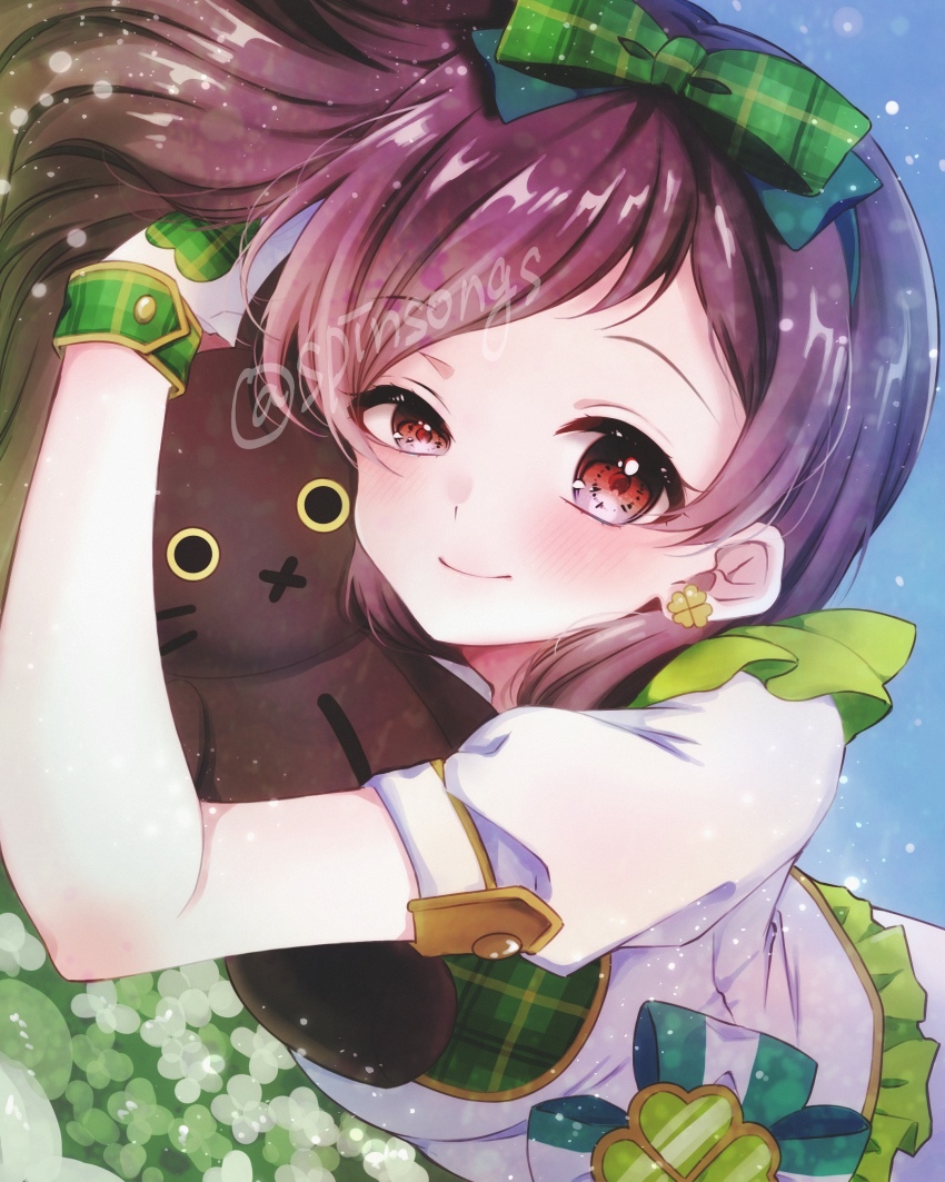 1girl, absurdres, blush, bow, brown_hair, clover, commentary_request, four-leaf_clover_earrings