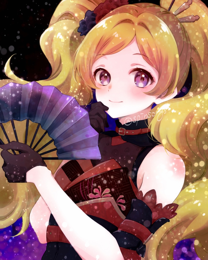 1girl, absurdres, black_gloves, black_kimono, blonde_hair, blush, commentary_request, emily_stewart