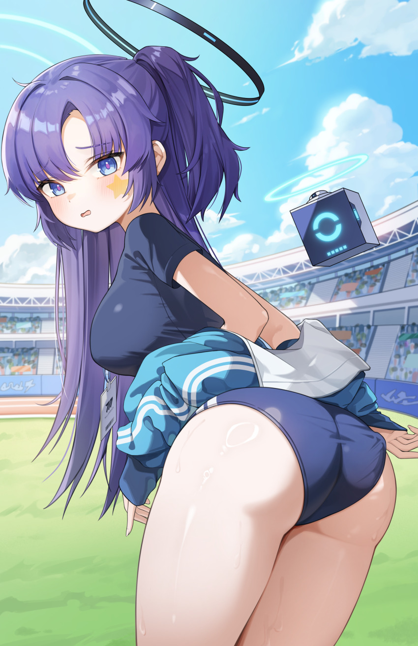 1girl, absurdres, ass, blue_archive, blue_shirt, blue_sky, breasts, buruma, clothes_around_waist, cloud, commentary_request, facial_mark, from_behind, gym_uniform, halo, highres, id_card, jacket, jacket_around_waist, large_breasts, long_hair, looking_at_viewer, mechanical_halo, official_alternate_costume, outdoors, purple_eyes, purple_hair, romi_(9_romi_7), shirt, sky, solo, stadium, star_(symbol), star_facial_mark, yuuka_(blue_archive), yuuka_(track)_(blue_archive)