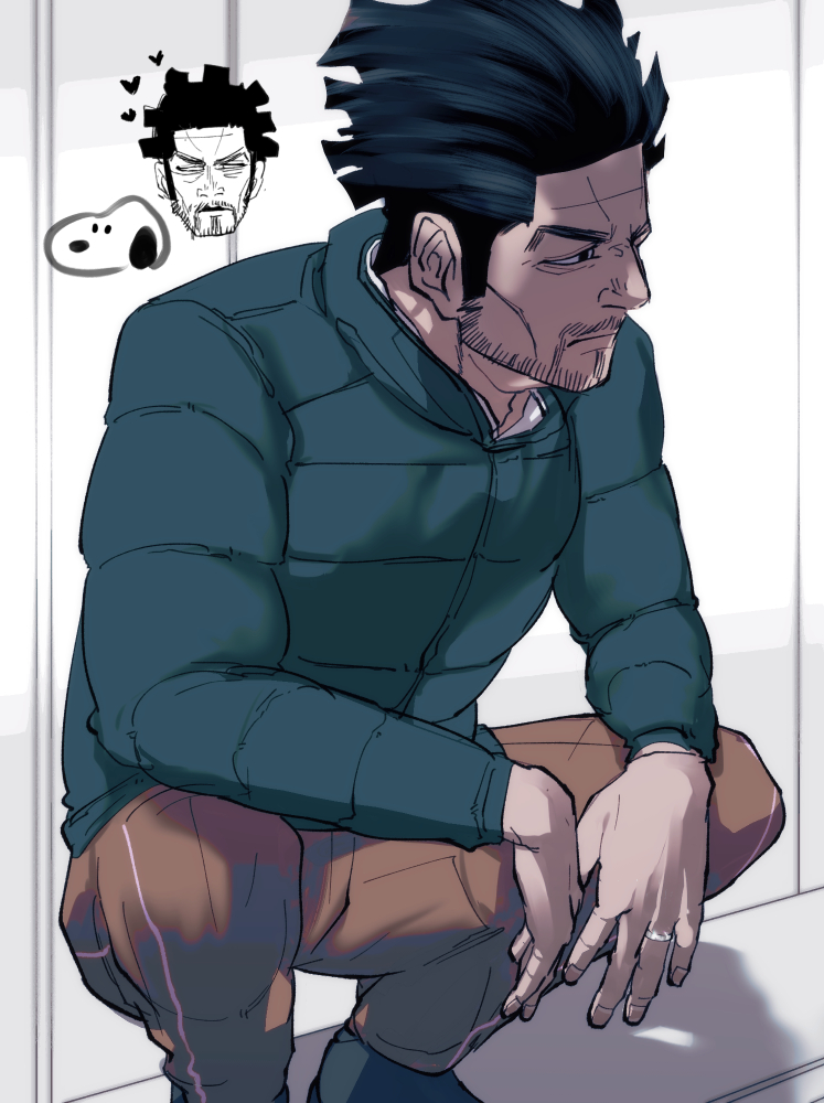 anko_(mwnwm), back_hair, beard_stubble, black_hair, brown_pants, coat, dogsred, facial_hair