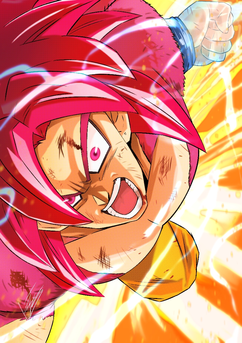 1boy, aura, blood, blood_on_face, clenched_hand, commentary_request, dirty, dirty_clothes