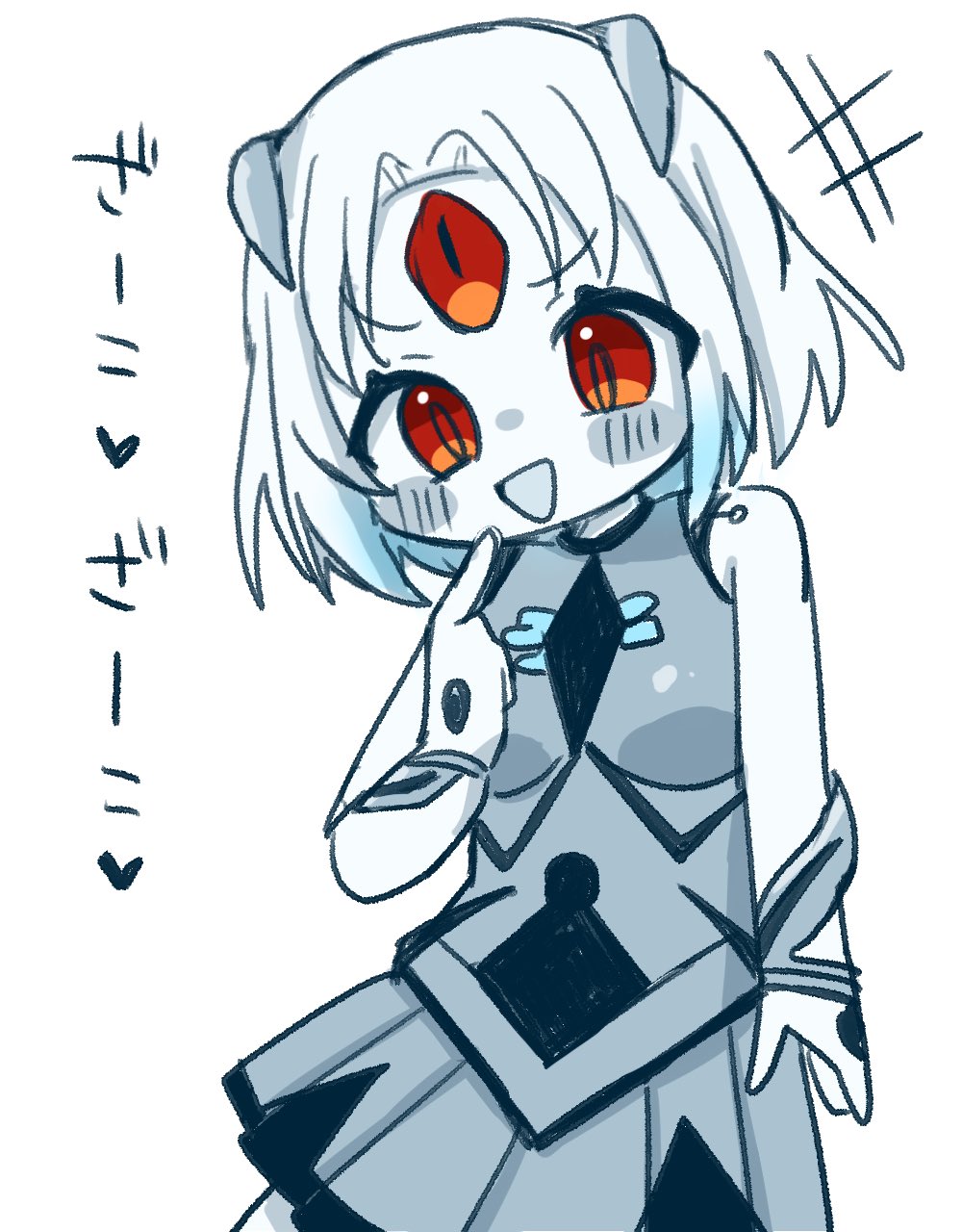 +++, 1girl, arm_at_side, assault_lily, black_shirt, blue_hair, blush, colored_skin