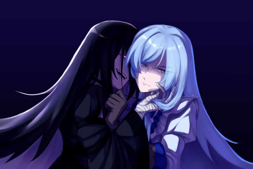 2girls, artist_name, bandaged_hand, bandages, beatrice_frega, black_dress, black_hair, blue_background