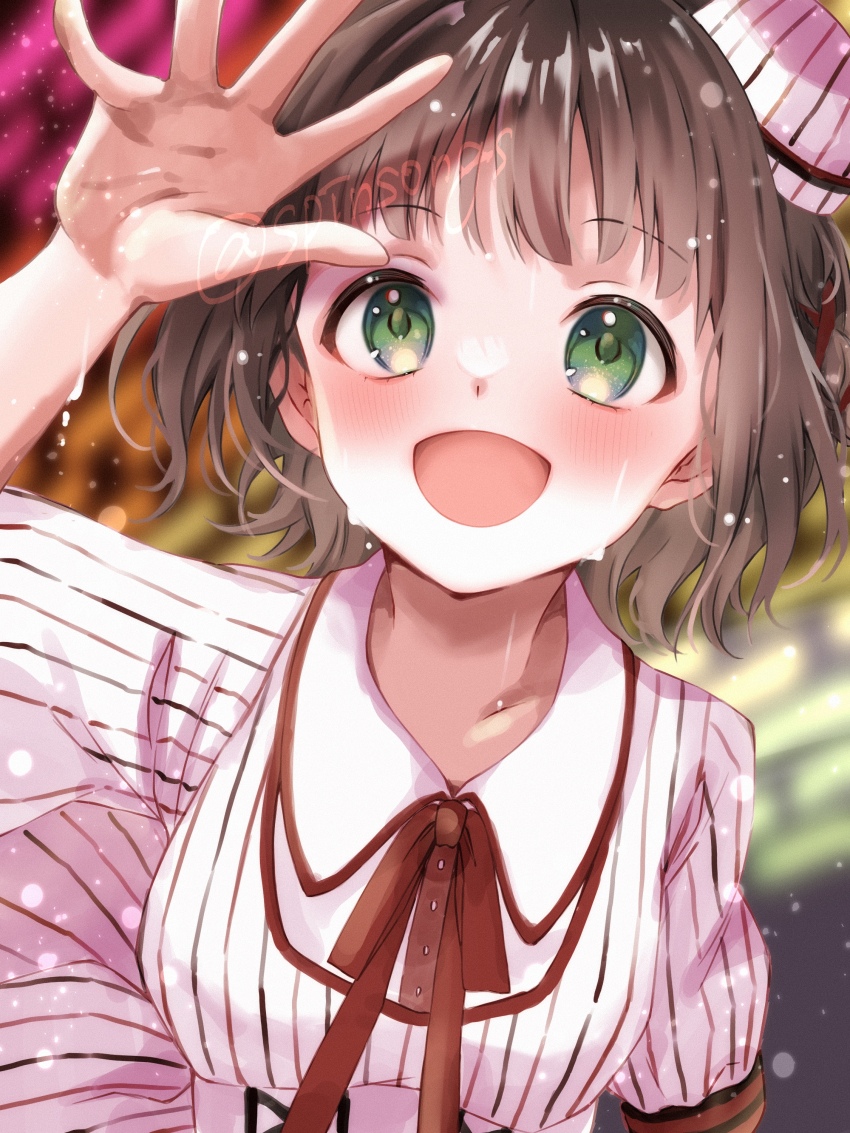 1girl, absurdres, amami_haruka, blurry, blurry_background, blush, brown_hair, commentary_request
