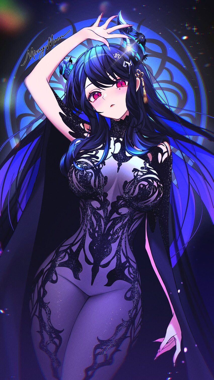 1girl, artist_name, asymmetrical_horns, bare_shoulders, black_hair, blue_hair, breasts, chronopattern_dress