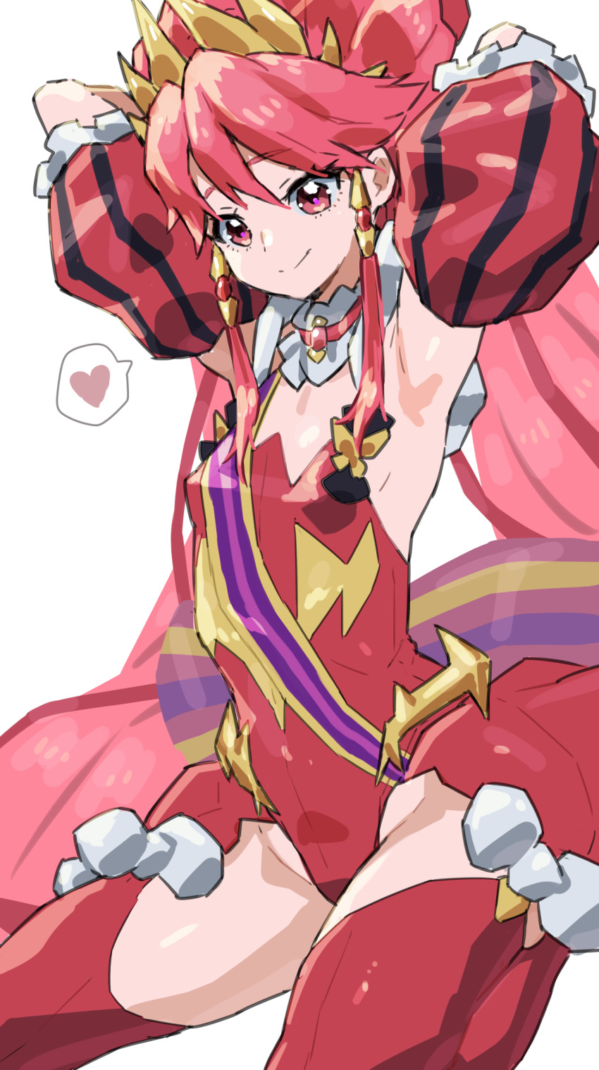 1girl, armpits, arms_behind_head, arms_up, back_bow, boots, bow, choker, crown, earrings, frilled_choker, frills, heart, high_heels, highres, jewelry, leotard, long_hair, looking_at_viewer, mo_(boo1719501boo), princess_zeal, princession_orchestra, puffy_short_sleeves, puffy_sleeves, red_eyes, red_hair, red_leotard, shirube_kagari, short_sleeves, showgirl_skirt, very_long_hair