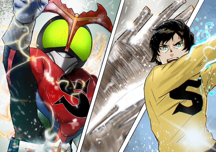 1boy, arm_up, armor, beetle_horn, belt, black_bodysuit, black_hair, blue_armor, bodysuit, bright_pupils, commentary_request, compound_eyes, dual_persona, electrer, gloves, green_armor, helmet, henshin, henshin_pose, jo_shigeru, kamen_rider, kamen_rider_stronger, kamen_rider_stronger_(series), kouta_decade, looking_ahead, male_focus, multicolored_armor, open_mouth, red_armor, rider_belt, shirt, short_hair, solo, tokusatsu, upper_body, white_belt, white_gloves, white_pupils, yellow_shirt