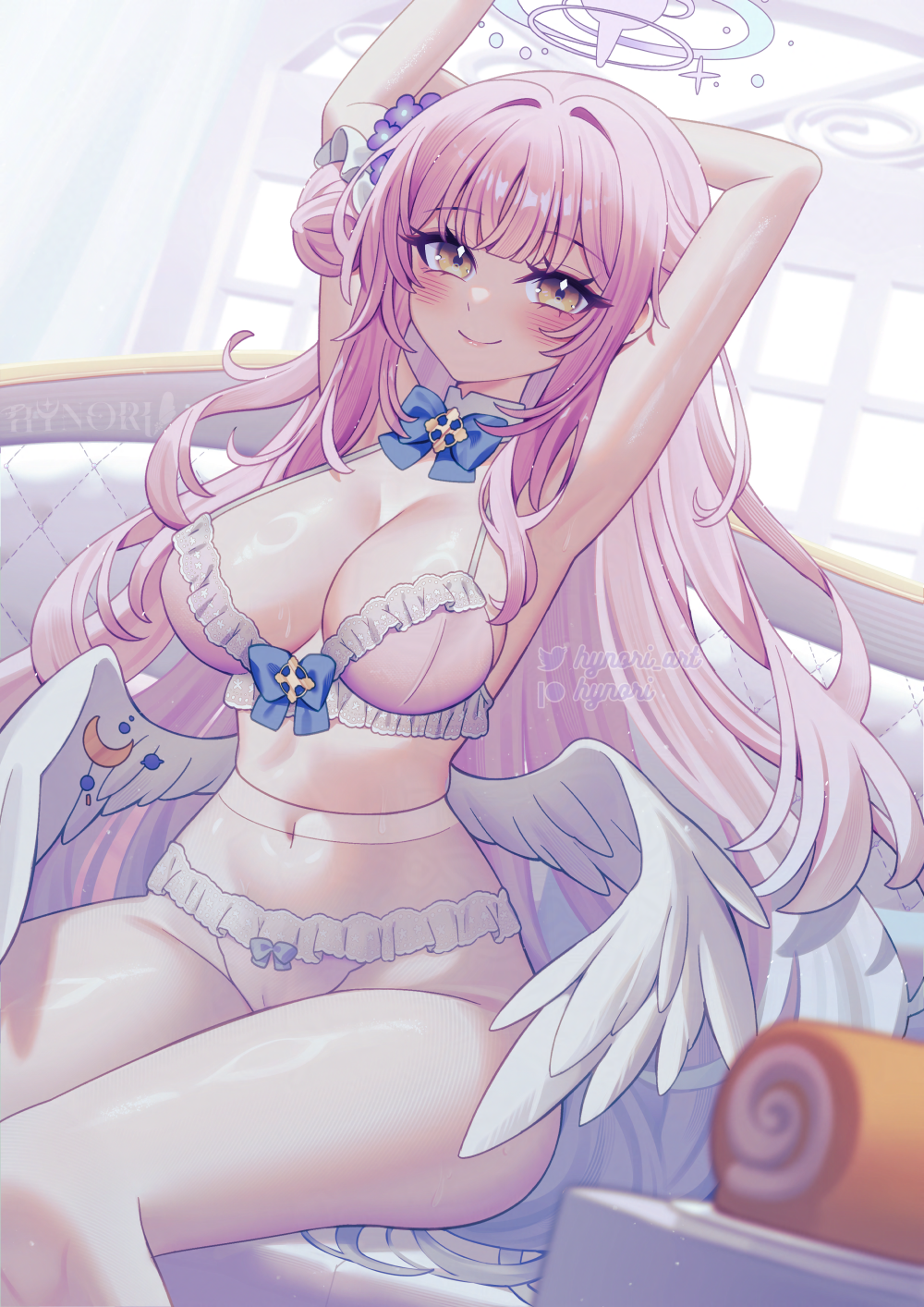 1girl, angel_wings, arms_up, blue_archive, blue_bow, blush, bow, bra