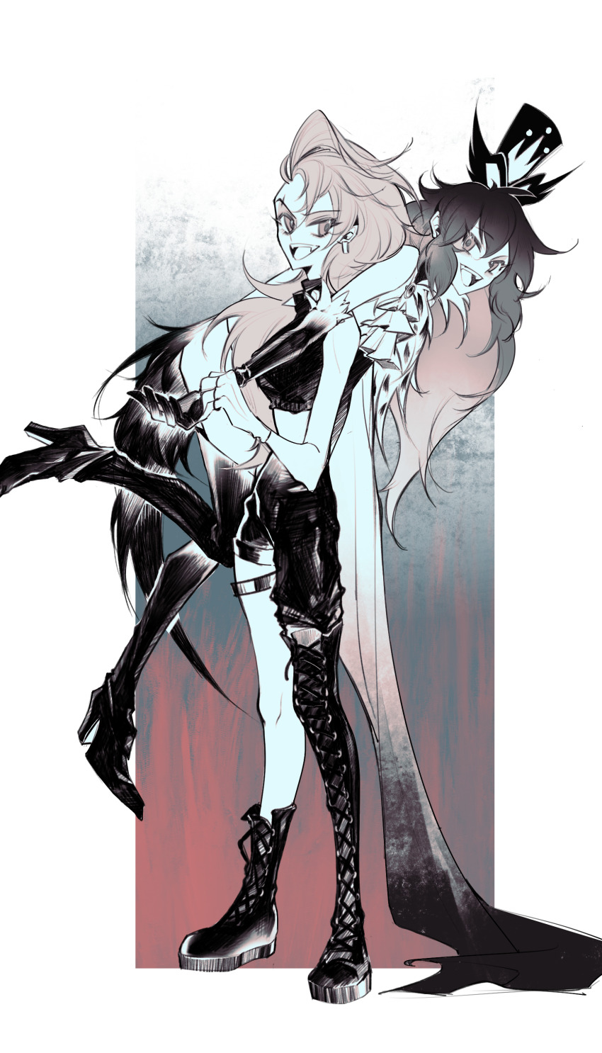 2girls, absurdres, black_hair, cape, demon_girl, hellaverse, helluva_boss, highres