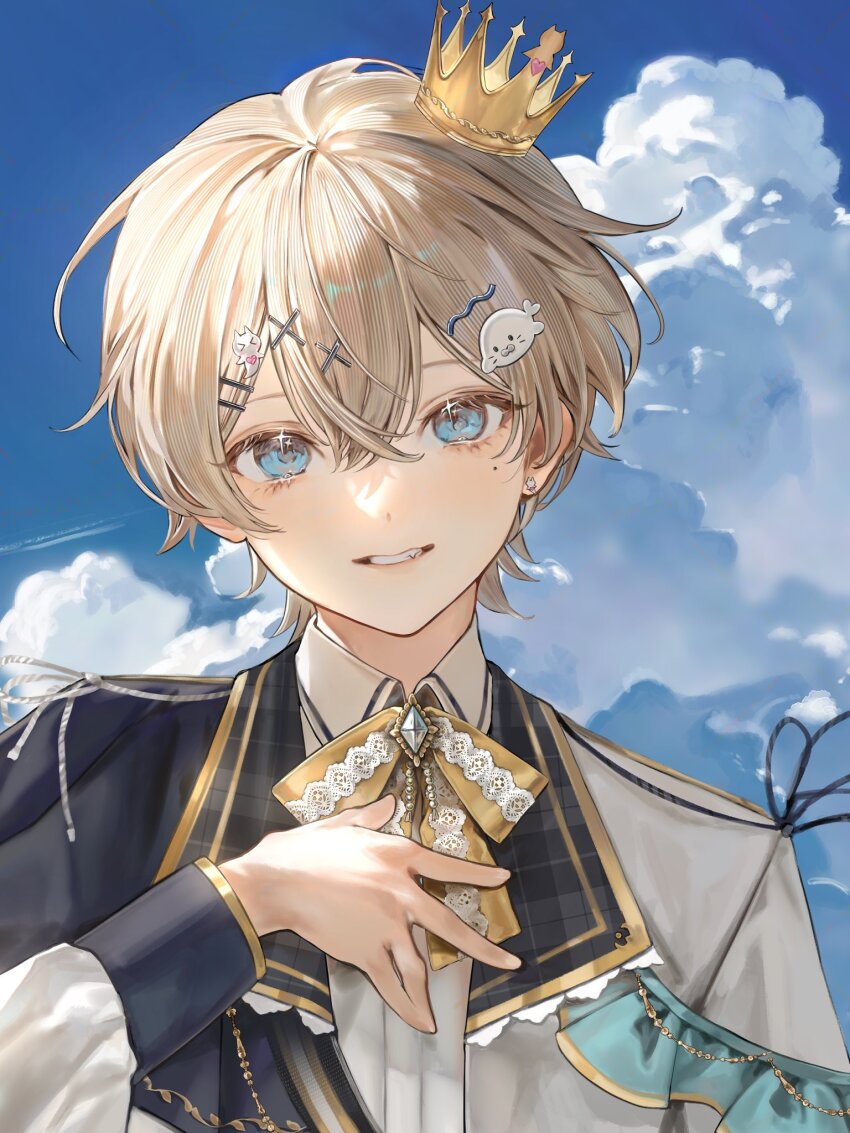 1boy, blonde_hair, blue_eyes, blue_sky, bow, bowtie, cloud, commission