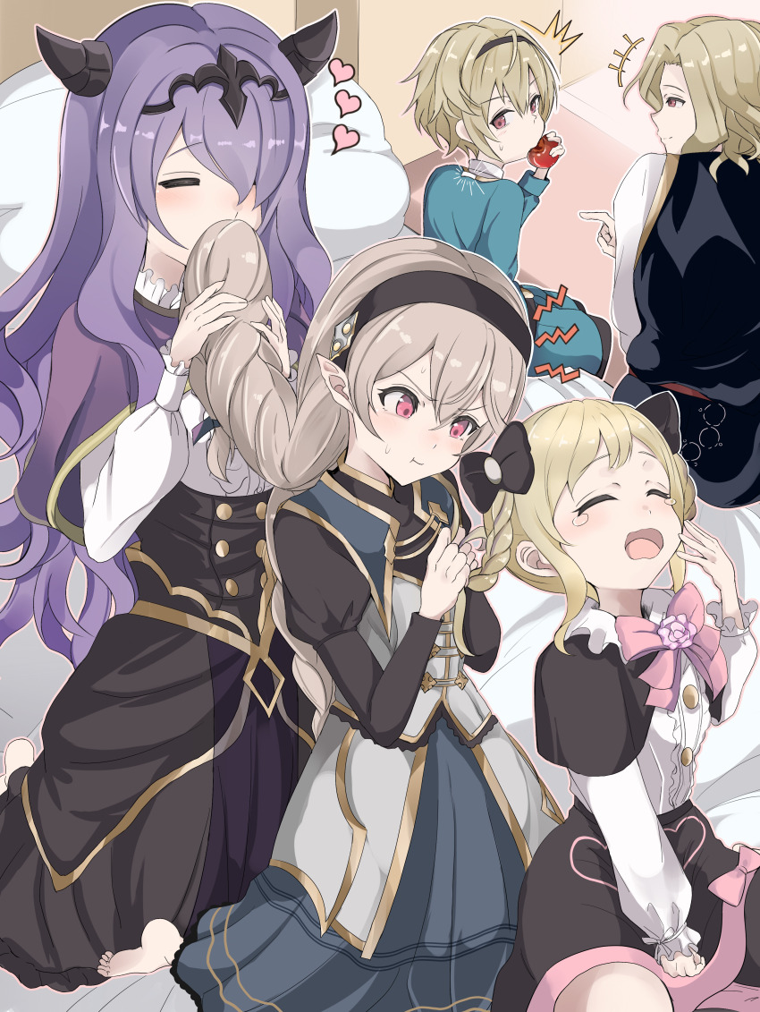 +++, 2boys, 3girls, :t, =_=, ^^^, absurdres, aged_down, apple, black_hairband, blonde_hair, bow, braid, braided_hair_rings, camilla_(fire_emblem), camilla_(young_beauty)_(fire_emblem), closed_eyes, commentary_request, female_corrin_(fire_emblem), female_corrin_(young_kinship)_(fire_emblem), elise_(fire_emblem), elise_(sparkling_smile)_(fire_emblem), fire_emblem, fire_emblem_fates, fire_emblem_heroes, food, fruit, grey_hair, hair_rings, hairband, heart, highres, horns, indoors, leo_(fire_emblem_fates), leo_(young_sprout)_(fire_emblem_fates), long_hair, multiple_boys, multiple_girls, nenemu0, nintendo, official_alternate_costume, official_alternate_hairstyle, open_mouth, outline, pink_bow, pout, purple_hair, red_eyes, sitting, smelling, smelling_hair, sweat, tiara, tying_another's_hair, white_outline, xander_(fire_emblem), xander_(focused_firstborn)_(fire_emblem), yawning