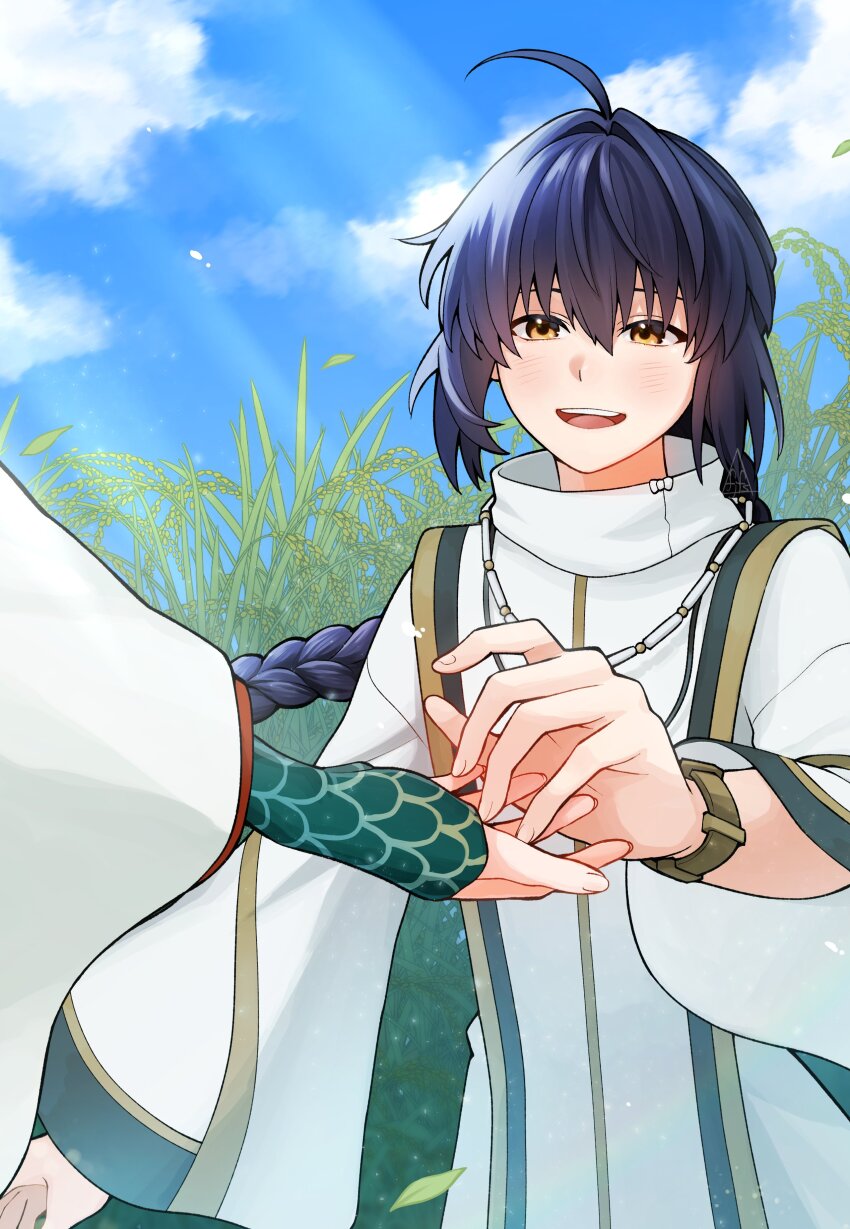 1girl, 1other, absurdres, ahoge, androgynous, black_hair, blue_sky, blush