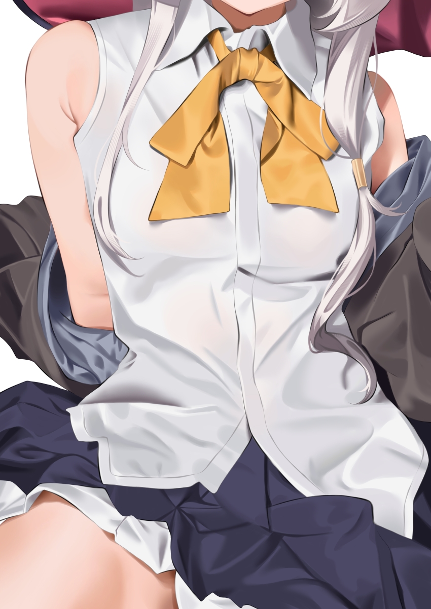 1girl, absurdres, arm_support, arudi412, black_robe, black_skirt, bow, bowtie, collared_shirt, elaina_(majo_no_tabitabi), head_out_of_frame, highres, layered_skirt, long_hair, majo_no_tabitabi, off_shoulder, open_clothes, open_robe, pleated_skirt, ribbon, robe, shirt, simple_background, skirt, sleeveless, sleeveless_shirt, solo, thighs, white_background, white_hair, white_shirt, witch, yellow_bow, yellow_bowtie, yellow_ribbon