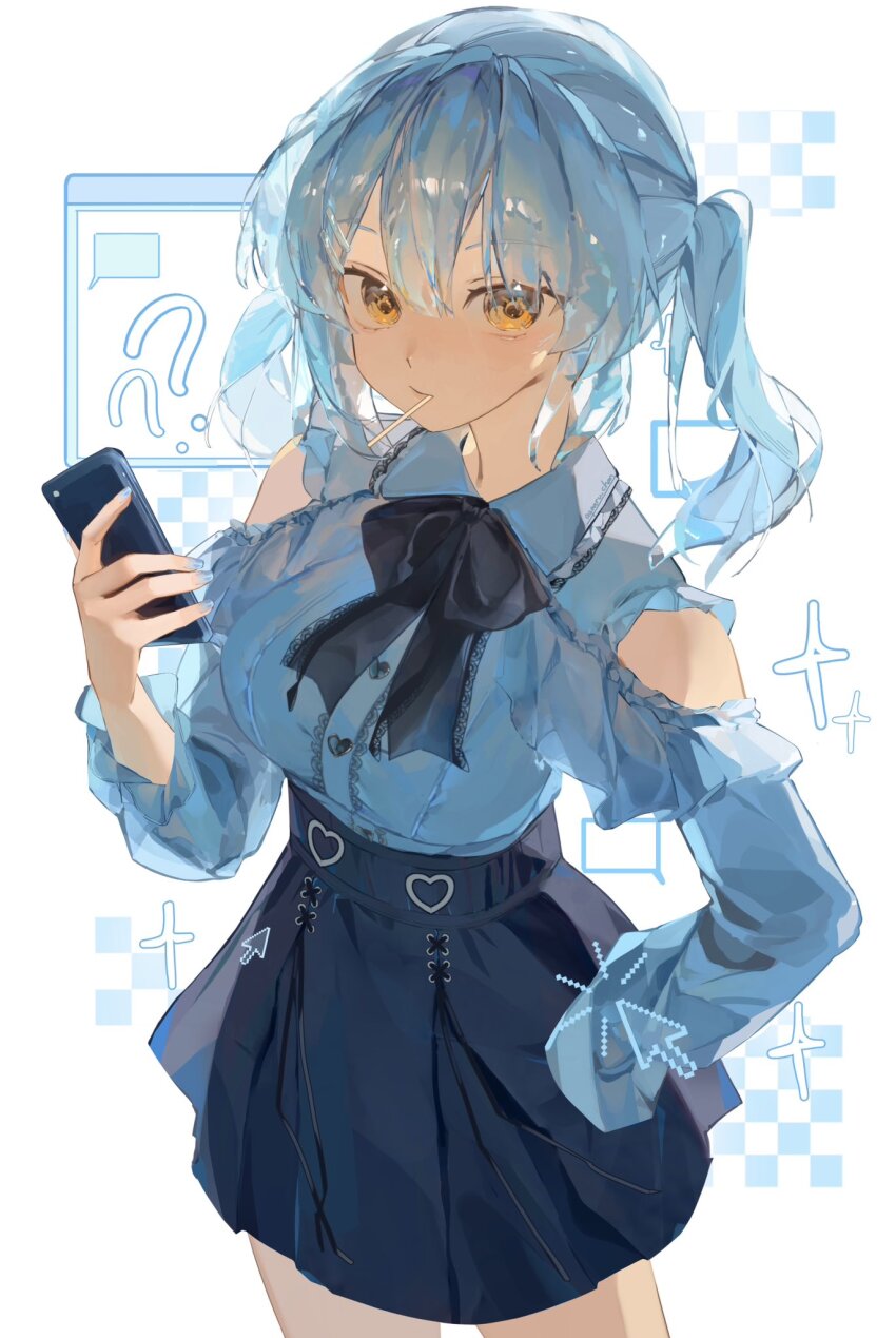 1girl, ?, ??, agaaru_chan, black_bow, black_bowtie, black_skirt, blue_hair