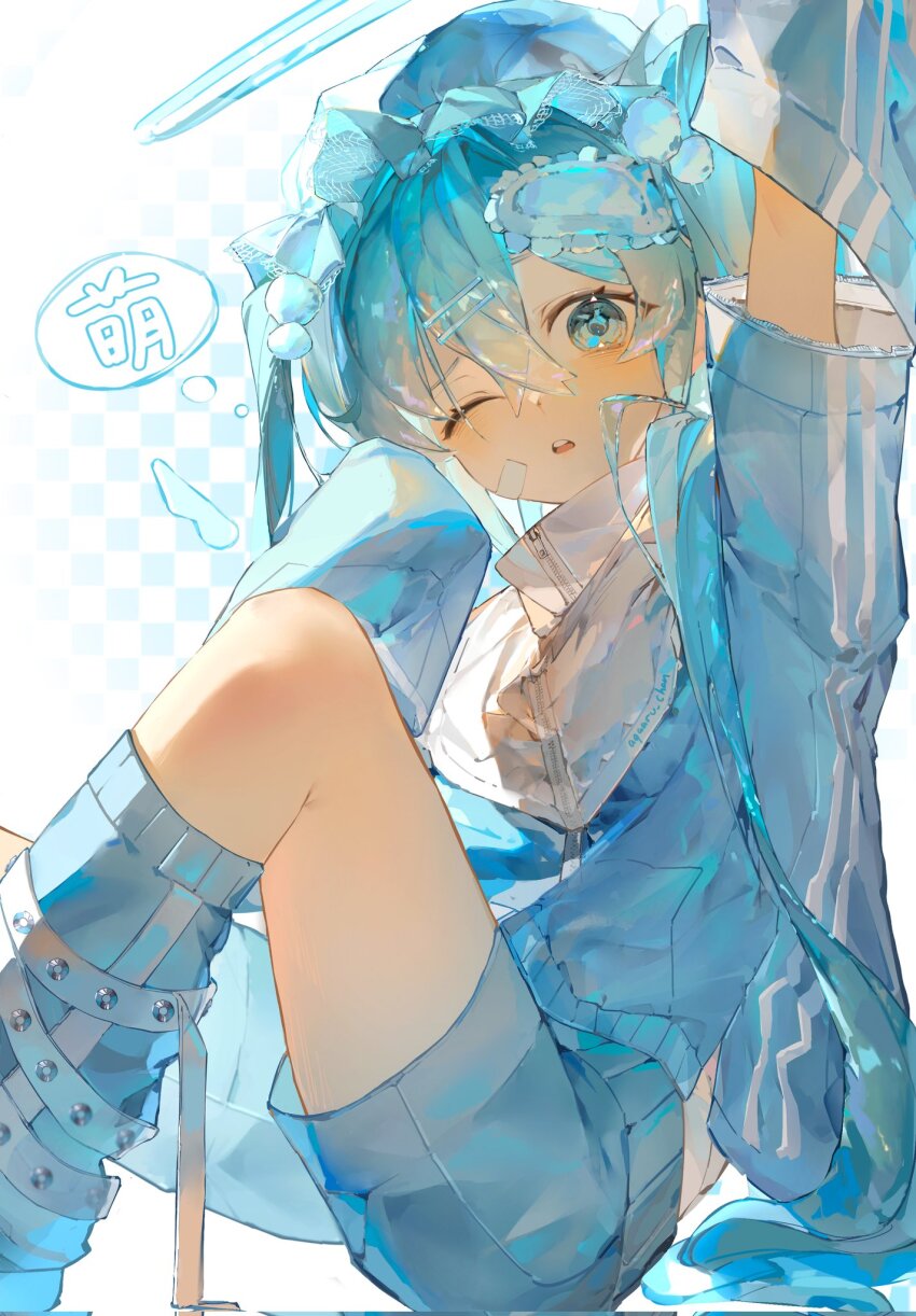 1girl, agaaru_chan, bandaid, bandaid_on_cheek, bandaid_on_face, blue_eyes, blue_hair, blue_leg_warmers