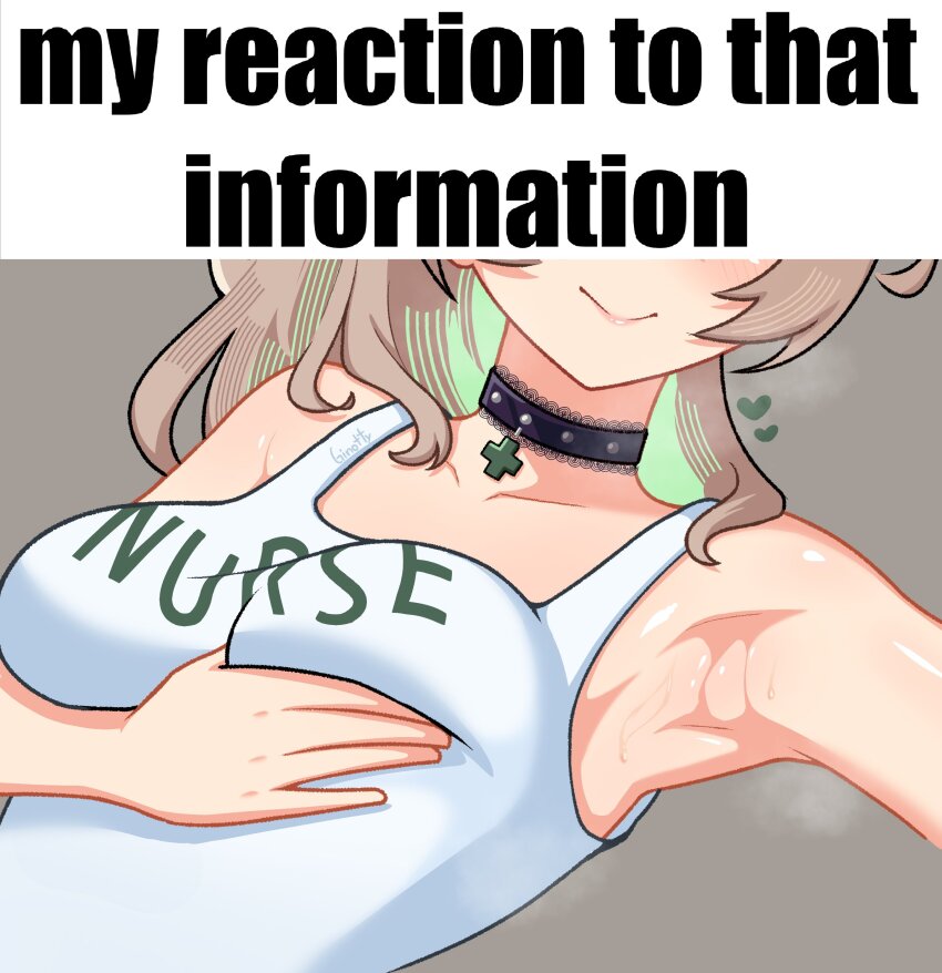 1girl, absurdres, armpit_focus, armpits, breasts, brown_hair, closed_mouth, english_text, ginotty, grabbing_own_breast, green_hair, highres, indie_virtual_youtuber, lace-trimmed_collar, lace_trim, large_breasts, meme, multicolored_hair, my_reaction_to_that_information_(meme), nimi_nightmare, smile, solo, sweat, tank_top, two-tone_hair, virtual_youtuber, white_tank_top