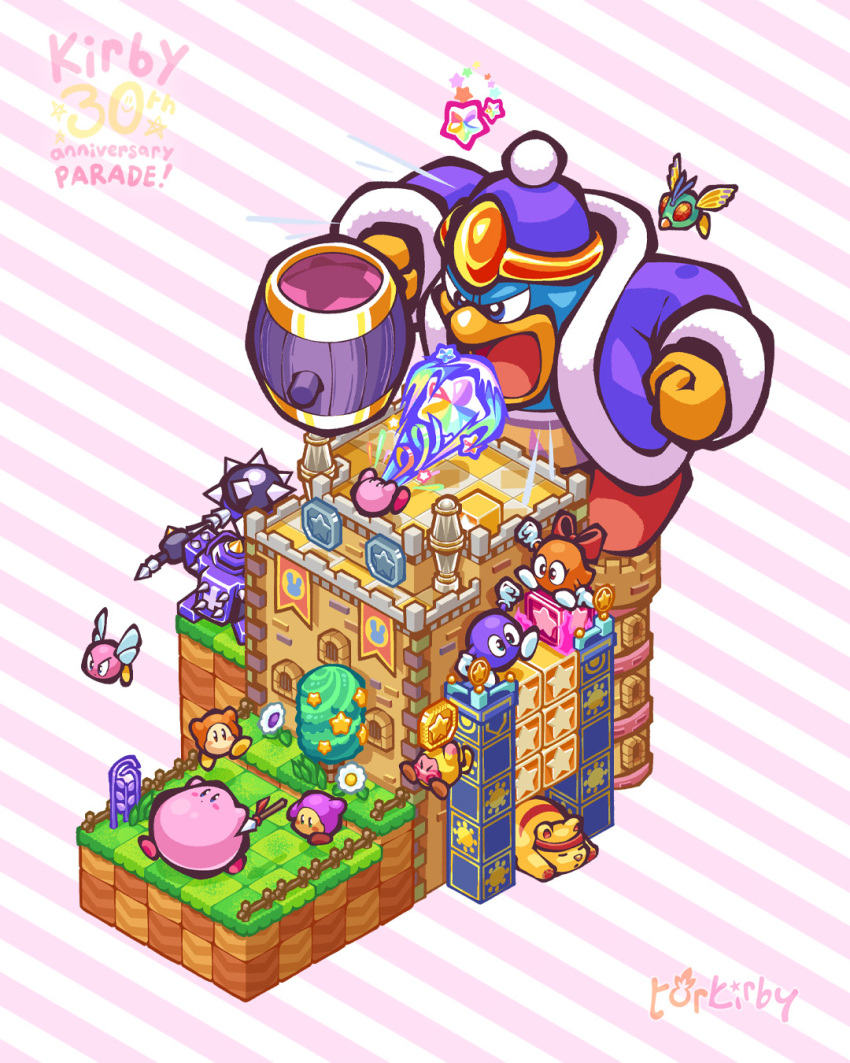 anniversary, arm_up, artist_name, bow, bronto_burt, bush, castle, character_name, closed_eyes, coat, copyright_name, flower, flying, grass, grizzo, hammer, hat, highres, holding, holding_hammer, holding_mace, holding_weapon, inhaling, key_dee, king_dedede, kirby, kirby's_blowout_blast, kirby_(series), lalala_(kirby), lololo_(kirby), mace, masher_(kirby), nintendo, open_clothes, open_coat, open_mouth, polearm, purple_coat, purple_hat, red_bow, sectra_burt, sleeping, spear, star_(symbol), star_block, striped_background, torkirby, two-tone_background, v-shaped_eyes, waddle_dee, weapon, white_flower