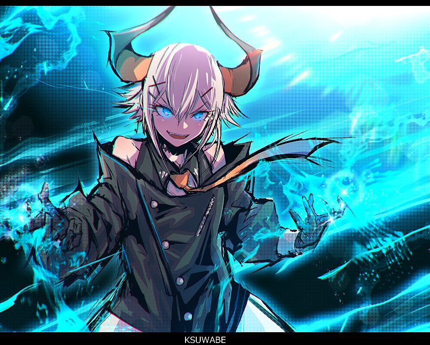 1girl, artist_name, bare_shoulders, black_coat, black_gloves, black_horns, coat, gloves